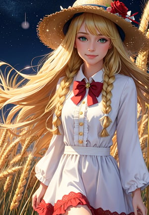 award winning <(realistic:1.2), (extremely intricate:1.2), (oil painting:0.7)>, (anime style:1.0), 1girl, solo, (straw hat with flowers:1.1), star (symbol), (long blonde hair flowing in the breeze), soft smile, [((gorgeous green eyes))], (navy dress with white frill collar:0.8), [red bow], long sleeves, (single braid), red rose, looking at viewer, adorable, captivating, center frills, bowtie, bangs, closed mouth, hand touching wheat, (mature woman:1.59), beautiful (dark) night sky in a wheat field, ((at night)), (wind), (monochrome:1.2)
