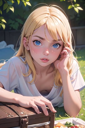 (masterpiece:1.3), (best quality:1.3), (hires, high resolution:1.3), 1girl, blonde, blue eyes, long hair, lying, on stomach, foreshortening, facing viewer, picnic, picnic basket, ass visible, downblouse, (white, loose t-shirt), leaning forward, selfie, hand on own face, 
lora:extendeddownblouse_v10:1