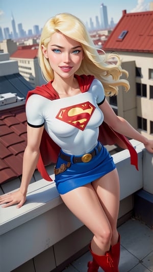 masterpiece, best quality, (realistic, highly detailed), model shoot of supergirl, blonde, [blue eyes], red cape, blue shirt, belt, blue skirt, red knee boot, cute smile, in a rooftop, wind, natural light, lens flare,  lora:supergirl:0.4
,Supergirl  