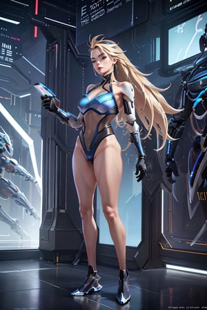 full body shot, woman android face, (long blonde hair with highlights:1.2), cyborg, robotic parts, (luxurious cyberpunk:1.4), lace, hyperrealistic, anatomical, facial muscles, cable electric wires, microchip, (white ceramic armor plates:1.2), blue liquid pipes,
elegant, (lo-fi:1.2), detailed composition, cinematic, dynamic composition, incredibly detailed, sharpen, details, intricate detail, anamorphic, lightroom, bokeh, film grain, HDR10, 8K, by Roger Deakins, 
,akali