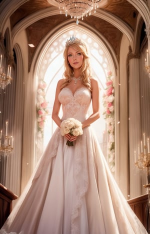 ethereal fantasy concept art of  adult woman, mythra \(xenoblade\),  age 30, best quality, high quality, highres, 4k, high detail, standing, blushing bride in ((exotic rich sumptuous wedding ballgown)), veil, tiara, delicate lace, ivory and white theme, stained class cathedral, rim lighting,lighting contrast, rose petal, godrays, romantic, bouquet, vaulted ceiling backdrop, detailed, 8k resolution,  . magnificent, celestial, ethereal, painterly, epic, majestic, magical, fantasy art, cover art, dreamy