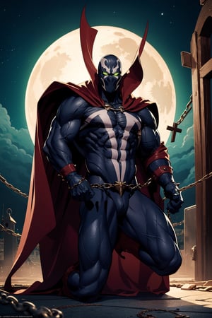 absurdres, highres, (official art, beautiful and aesthetic:1.2), 1 spawn, red cape, glowing green eyes, kneeling, chains, church and cross landscape, night time, moon, upper body, , , , ,  
