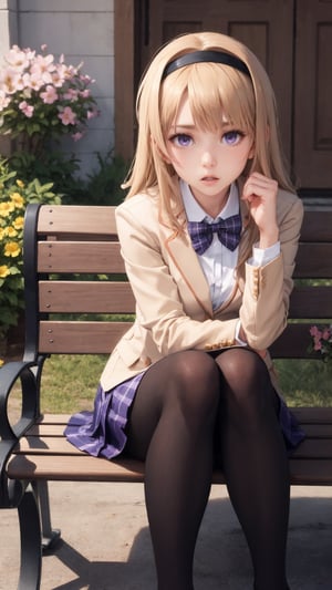 masterpiece, best quality, nishijounanami, hairband, bowtie, yellow blazer, plaid skirt, pantyhose, loafers, sitting, bench, flowers, spring, looking at viewer, surprised lora:nishijounanami-nvwls-v1-000009:0.9
