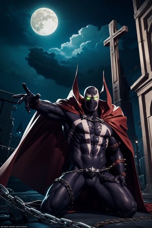 absurdres, highres, (official art, beautiful and aesthetic:1.2), 1 spawn, red cape, glowing green eyes, kneeling, chains, church and cross landscape, night time, moon, upper body, , , , ,  
