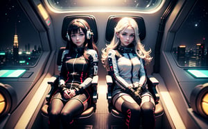 a photo of pair of (cute slender beautiful european young:1.0) girls sitting in a seat (chair) and piloting the spaceship, leaning back, hologram, white long hair, panoramic view on night space city, (symmetry), light smile, arms on armrest, red yellow, science fiction, shot from above, film grain, (highly detailed:1.1), rfktr_technotrex, lora:rfktrsTechnotrexV10_rfktrsTechnotrexV10:0.1, lora:futuristic_interior_composer:0.2, lora:futuristic_interior_refiner:0.2, sharp focus, best quality, masterpiece, photorealistic
,futuristic_interior ,rfktr_technotrex