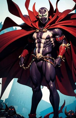 (masterpiece:1.2,  best quality:1.2),  ((masterpiece)),  (((best quality))),  ((ultra-detailed)),  ((illustration)),  (male),  lyco:spawn-000020:1.0,  (spawn,  red cape,  chains,  green eyes),  mask,  white markings,  full black suit,  chaos,  super wide angle shot,  ((standing over an army of demons,  armies of hell,  a legion of souls)), lora:EMS-39377-EMS:1.000000