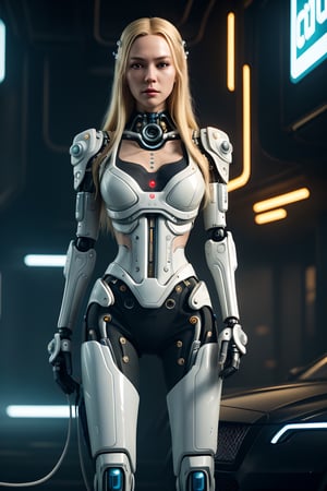 full body shot, woman android face, (long blonde hair with highlights:1.2), cyborg, robotic parts, (luxurious cyberpunk:1.4), lace, hyperrealistic, anatomical, facial muscles, cable electric wires, microchip, (white ceramic armor plates:1.2), blue liquid pipes,
elegant, (lo-fi:1.2), detailed composition, cinematic, dynamic composition, incredibly detailed, sharpen, details, intricate detail, anamorphic, lightroom, bokeh, film grain, HDR10, 8K, by Roger Deakins, 
