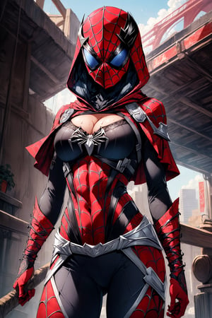 (masterpiece, best quality),  intricate details,
1girl, medium breasts, lora:armspiderverse_v2:0.8, armspiderverse, spidersuit, armor, hood, helmet, spider web print, mask, 
cleavage, sweating, boob sweat, midriff, croptop, underboob,  groin, pelvic curtain, 
