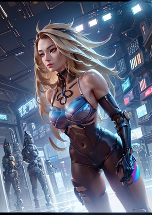 full body shot, woman android face, (long blonde hair with highlights:1.2), cyborg, robotic parts, (luxurious cyberpunk:1.4), lace, hyperrealistic, anatomical, facial muscles, cable electric wires, microchip, (white ceramic armor plates:1.2), blue liquid pipes,
elegant, (lo-fi:1.2), detailed composition, cinematic, dynamic composition, incredibly detailed, sharpen, details, intricate detail, anamorphic, lightroom, bokeh, film grain, HDR10, 8K, by Roger Deakins, 
,akali