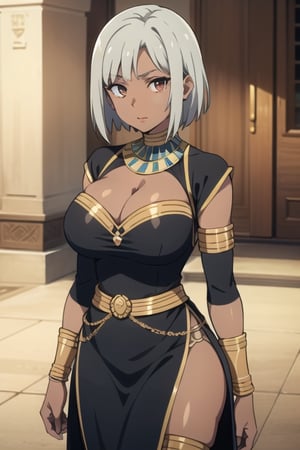 a female black woman, dark skin large breats, short silver hair, egyptian clothes, cleavage, looking at viewer.