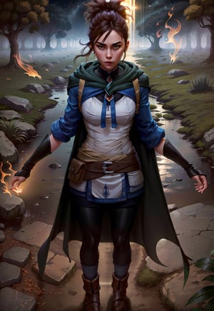 absurdres, high quality, best quality, marci dota2, 1girl, green cape, eye trail, glowing hands,   black pants, boots, standing, looking at viewer,  solo, glowing, cape, pants, breasts, yellow eyes, glowing eyes, brown hair, clenched hands, medium breasts, night,  earth, milky_way, starry, full body