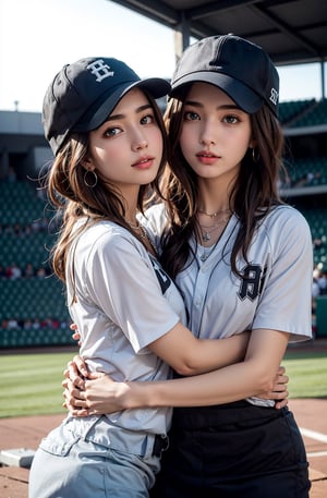 2girl, twin sisters, closed hug, 22 years old koren woman,
necklaces and earrings,
baseball cap,
glossy brown short hair,
a tight baseball uniform
a half-body shot,
Baseball stadium background,
natural lighting on one's face, 
tamannah bhatia,hf_Alexandra_Nagy-20,Detailedface,Detailedeyes,hug