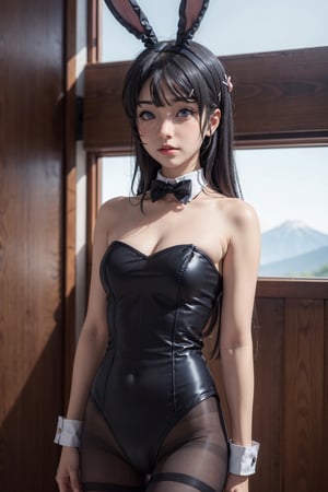 (masterpiece), best quality, high resolution, highly detailed, detailed background, perfect lighting, 1girl, long hair, black hair, blue eyes, hairclip, rabbit hair ornament, rabbit ears, fake animal ears, bare shoulders, detached collar, black bowtie, black strapless leotard, wrist cuffs , black pantyhose, sakurajima mai, ph mai