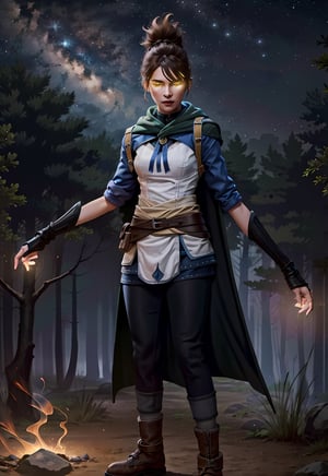 absurdres, high quality, best quality, marci dota2, 1girl, green cape, eye trail, glowing hands,   black pants, boots, standing, looking at viewer,  solo, glowing, cape, pants, breasts, yellow eyes, glowing eyes, brown hair, clenched hands, medium breasts, night,  earth, milky_way, starry, full body