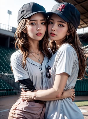 2girl, twin sisters, closed hug, 22 years old koren woman,
necklaces and earrings,
baseball cap,
glossy brown short hair,
a tight baseball uniform
a half-body shot,
Baseball stadium background,
natural lighting on one's face, 
tamannah bhatia,hf_Alexandra_Nagy-20,Detailedface,Detailedeyes,hug