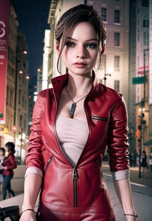 1girl, cowboy shot of claired, (red tight dress), night, city, holding wine glass, red jacket, volumetric lighting, athletic, best quality, masterpiece, intricate details, tonemapping, sharp focus, hyper detailed, trending on Artstation, lora:sxz-claired-new:0.6,
,claired