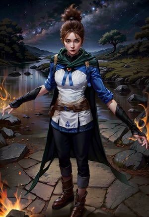 absurdres, high quality, best quality, marci dota2, 1girl, green cape, eye trail, glowing hands,   black pants, boots, standing, looking at viewer,  solo, glowing, cape, pants, breasts, yellow eyes, glowing eyes, brown hair, clenched hands, medium breasts, night,  earth, milky_way, starry, full body