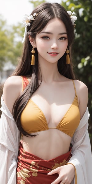 (beauty hair,ostentatious hair accessories,gorgeous hair accessories,light smile:1.15), (|||||||),(sexy hanfu clothes,slim waist:1.47),1girl,light smile,happy,((((upper body,real face photo,outdoor background,background blur)))),big eyes,analog style,physically-based rendering,ultra-detailed,professional lighting, photon mapping,(outdoor,bokeh),(RAW photo, best quality, masterpiece:1.3), (realistic, photo-realistic:1.3),detailed facial features,slim girl,tassel, innocent, bangs,(pureerosface_v1:0.55) ,(ulzzang-6500-v1.1:0.75),(flower_style:0.05),,(bridal hairstyle:1.15),(looking at viewer,close in viewer:1.7),small breasts,ear ring,hair bow,hair ring,bare shoulders, bare abdomen,cleavage,cosplay style,bikini style hanfu with miniskirt, see-through style,slim girl,(long hair,ostentatious hair accessories,gorgeous hair accessories:1.5),
