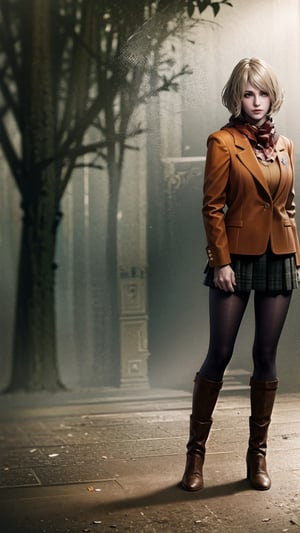 1girl, full body of re4ashley, orange jacket, scarf, black plaid skirt, pantyhouse, boots, athletic, dark forest, smoke, fog, volumetric lighting, best quality, masterpiece, intricate details, tonemapping, sharp focus, hyper detailed, trending on Artstation, realistic, lora:sxz-ashley-graham:0.6
,re4ashley