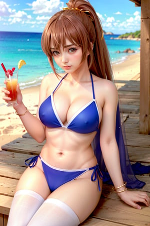 (masterpiece, best quality:1.3)   KasumiDOA, 1girl, solo, long hair, at the beach, bikini, sitting, cocktail