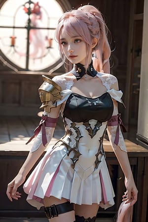 masterpiece, best quality,  shionne1, ponytail, 1girl, solo, shoulder armor, dress, (very long pink hair:1.4), thigh strap, white dress, cleavage, pauldrons, white thighhighs, medium breasts, bangs, detached sleeves, detailed face, IvoryGoldAI,  lora:shionne_(tales)_v1:0.7, lora:IvoryGoldAIv2:0.6
