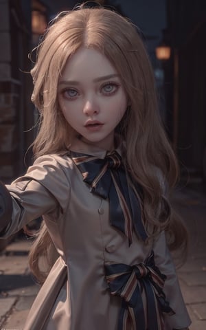 lora:M3GEN:0.65, 
(looking at viewer),(cowboy shot dynamic pose:1.22),
M3GEN/(Robot Girl/), 1girl, solo, long hair, blonde hair, realistic, blurry, grey eyes, bow, photo inset, upper body, bowtie, parted lips, ribbon, lips,
detailed shiny skin,perfect and very white teeth,
Ultra-fine facial detail,eyelashes,Glossy pink lips,
(detailed The dark and terrifying alleys background:1.4),outdoors,(night:1.33),