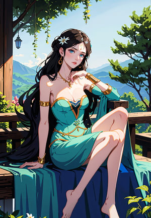 mirana, 1girl, skinny, slim figure, holding knees, upper body portrait, thin waist, solo, black hair, cleavage, bare feet, sitting, bid detailed eyes, magical forest with flowers, evening, best quality, (masterpiece), realistic, 8k illustration,  lora:Miranav0.1:0.4
