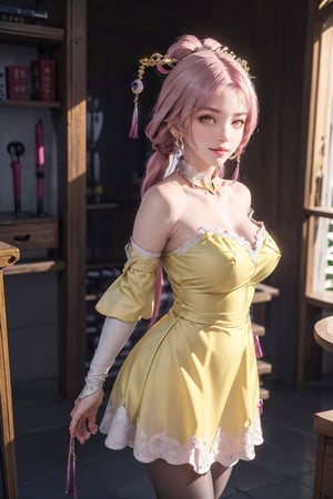 (masterpiece:1.2), (photorealistic:1.2), (best quality),((realistic:1.3)), (detailed skin:1.3), (intricate details), dramatic, ray tracing,finely detailed, quality,realistic lighting,large breasts,1girl,fu xuan, (yellow eyes:1.5), forehead jewel, hair ornament, hair stick, long hair, low twintails, parted bangs, pink hair, twintails,bare shoulders, black dress, bridal gauntlets, detached collar, detached sleeves, dress, jewelry, neck ring, pantyhose, skirt, white pantyhose, white skirt,,smile,looking at viewer,(indoors,dynamic pose), lora:fuxuan-lora-nochekaiser:1
,Fu Xuan,(Fu xuan:1.3)