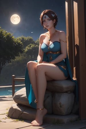 official art, mirana, 1girl, medium full shot, solo, brown hair, cleavage, hand the the side, bare feet, necklace, bare shoulders, sitting on stone, blue eyes, moonlit night, magical grove, magic particles, (blue tones), best quality, (masterpiece), realistic, 8k illustration,
lora:dotaMirana:0.7
