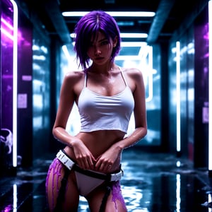 NSFW, Fashion photography portrait, full body, beautiful TWbabeXL01, purple hair, sweating, in a soak dirty white dress shirt with water, transparent, no bra, bottomless, no underwear, sexy look, wet body with sweats and water drops, wet hair, (lofi, analog), kodak film by Stephen Wayda, in an old and dark shower room, dirty water, neon, showering from ceiling, mirror in the back, light on face:1.2, dynamic poses, 1girl, floating hairs, (RAW photo:1.2), (photorealistic:1.4), (masterpiece:1.3), (intricate details:1.2), (24 years old female), sunny, ruins, petite, medium breasts, narrow waist, (looking_at_viewer:1.4), from_front, slim_legs, (best quality:1.4), (ultra highres:1.2), cinema light, (extreme detailed illustration), (lipgloss, eyelashes, best quality, ultra highres, depth of field, caustics, Broad lighting, shading, 85mm, f/1.4, ISO 200, 1/160s:0.75), cyberpunk interior, one storm trooper arm, In the background, a swirling vortex of energy seems to be brewing, lora:TWbabeXL01:0.7
