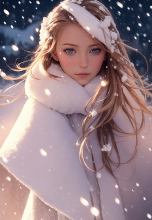 a beautiful woman, looking into camera, hair ribbons,
snowing, winter lights, ,photorealistic