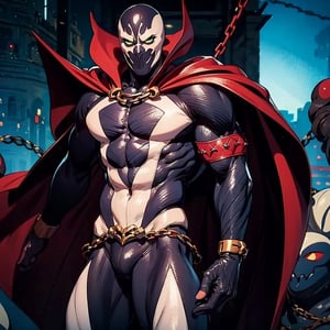 (masterpiece:1.2, best quality:1.2), ((masterpiece)), (((best quality))), ((ultra-detailed)), ((illustration)), (1man, male, solo), (spawn, red cape, chains, green eyes), mask, white markings, full black suit, broad shoulders, chaos, ((hell, underworld)), fisheye lens,spawn