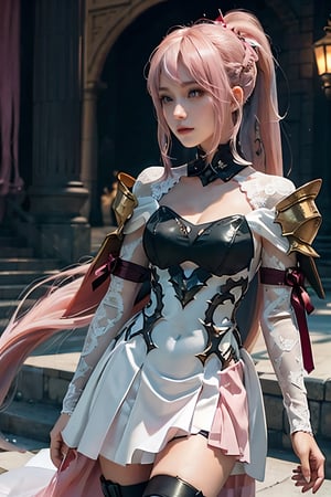 masterpiece, best quality,  shionne1, ponytail, 1girl, solo, shoulder armor, dress, (very long pink hair:1.4), thigh strap, white dress, cleavage, pauldrons, white thighhighs, medium breasts, bangs, detached sleeves, detailed face, IvoryGoldAI,  lora:shionne_(tales)_v1:0.7, lora:IvoryGoldAIv2:0.6
