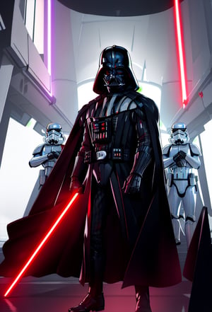 darth vader standing in front of a group of storm troopers in a room,
holding lightsabe in his hands, walking across a bunch of stormtroopers behind him,
Black_outfit,hood, hood_up, boots, darth vader helmet,cape,armor, shoulder armor, armored boots,  
glowing_sword, glowing_weapon,holding_sword, holding_weapon, hood, laser, lightsaber,holding a lightsaber,energy_sword, glowing, glowing_weapon,
lora:Agent47_hitman-KK77-V1:0.1,lora:Darth_Vader-KK77-V1:0.7,darth vader,
1 Man, looking at viewer,(closed mouth:1.0),
NSFW,official art,extremely detailed CG unity 8k wallpaper, perfect lighting,Colorful, Bright_Front_face_Lighting,
(masterpiece:1.0),(best_quality:1.0), ultra high res,4K,ultra-detailed,
photography, 8K, HDR, highres, absurdres:1.2, Kodak portra 400, film grain, blurry background, bokeh:1.2, lens flare, (vibrant_color:1.2)
