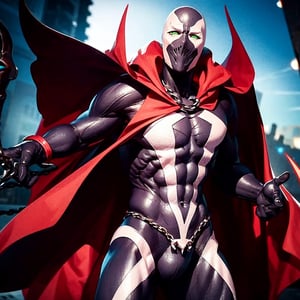 (masterpiece:1.2, best quality:1.2), ((masterpiece)), (((best quality))), ((ultra-detailed)), ((illustration)), (1man, male, solo), (spawn, red cape, chains, green eyes), mask, white markings, full black suit, broad shoulders, chaos, ((hell, underworld)), fisheye lens,spawn