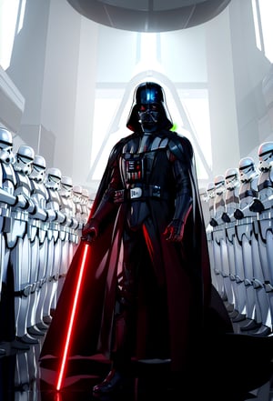 darth vader standing in front of a group of storm troopers in a room,
holding lightsabe in his hands, walking across a bunch of stormtroopers behind him,
Black_outfit,hood, hood_up, boots, darth vader helmet,cape,armor, shoulder armor, armored boots,  
glowing_sword, glowing_weapon,holding_sword, holding_weapon, hood, laser, lightsaber,holding a lightsaber,energy_sword, glowing, glowing_weapon,
lora:Agent47_hitman-KK77-V1:0.1,lora:Darth_Vader-KK77-V1:0.7,darth vader,
1 Man, looking at viewer,(closed mouth:1.0),
NSFW,official art,extremely detailed CG unity 8k wallpaper, perfect lighting,Colorful, Bright_Front_face_Lighting,
(masterpiece:1.0),(best_quality:1.0), ultra high res,4K,ultra-detailed,
photography, 8K, HDR, highres, absurdres:1.2, Kodak portra 400, film grain, blurry background, bokeh:1.2, lens flare, (vibrant_color:1.2)
