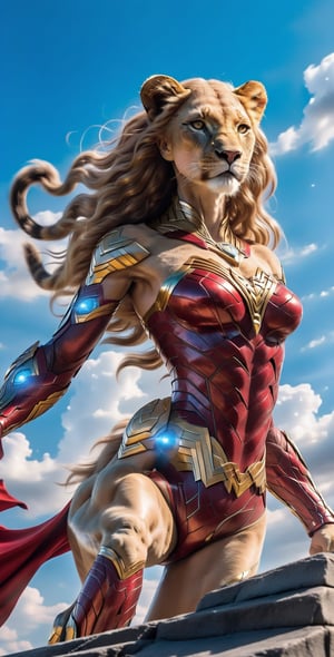 Visualize stepper lioness in justice league, In the background is a blue sky with some red.
 