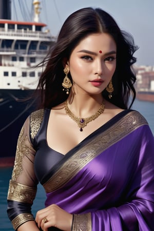 Aishwarya Rai Indian actress, seductive Masterpiece, Best Quality, (Anime: 1.8), The Woman, ((Indian Style)), ((Long Black Hair)), cleavage show,((Black Eyes)), ((GYoun-jung)), satin saree , Darkwear ((saree , ((Lieutenant)), ((Techwear)),violet Fashion Style,Posing next to a ship in the shadows, highly detailed portrait, digital painting, concept art sharp, soft focus illustration, Artstation HQ, 8K Ultra HD portrait full body sexy