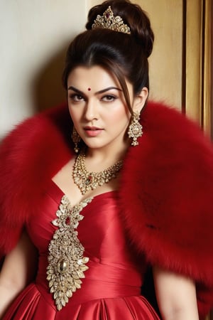 Hansika Motwani Indian actress best quality, masterpiece,	
A Hollywood starlet, channeling the allure of a beautiful Spanish girl, exudes Rococo glamour in a red fur outfit, accented with a fur-trim capelet, her dark brown hair elegantly styled in a bun. Her ensemble is completed with fashionable accessories, blending opulence with a modern chic that captures the essence of timeless beauty and sophistication.
ultra realistic illustration, siena natural ratio, ultra hd, realistic, vivid colors, highly detailed, UHD drawing, perfect composition, ultra hd, 8k, he has an inner glow, stunning, something that even doesn't exist, mythical being, energy, molecular, textures, iridescent and luminescent scales, breathtaking beauty, pure perfection, divine presence, unforgettable, impressive, breathtaking beauty, Volumetric light, auras, rays, vivid colors reflects.