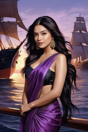 Aishwarya Rai Indian actress, seductive Masterpiece, Best Quality, (Anime: 1.8), The Woman, ((Indian Style)), ((Long Black Hair)), cleavage show,((Black Eyes)), ((GYoun-jung)), satin saree , Darkwear ((saree , ((Lieutenant)), ((Techwear)),violet Fashion Style,Posing next to a ship in the shadows, highly detailed portrait, digital painting, concept art sharp, soft focus illustration, Artstation HQ, 8K Ultra HD portrait full body sexy