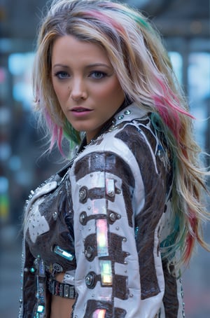 ultra highly intricate detailed 8k, UHD, professional photo,Beautiful cyborg, cowboy girl ,Transparent vinyl jacket, multicolored hair, cyber,  punk town,
,blake lively