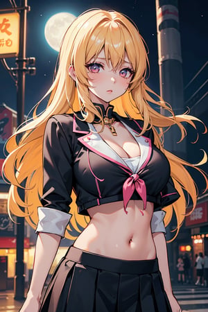 A beautiful woman in gyaru makeup wearing school uniform on the bustling streets of Gintama, surrounded by vendors, beautiful portrait of a stunning goddess girl, beautiful detailed face, porcelain skin, half body shot, centered,(black hai,navel:1.2),((moonlight,night,big neons,strong neon lighting,rim lighting,two tone lighting))),
