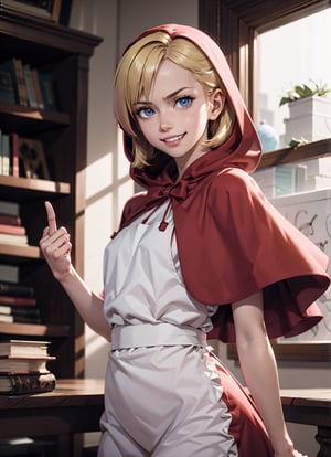 girl, blonde hair, blue eyes, hood, red dress, apron,capelet, looking at viewer, serious, evil grin, upper body shot,
standing, inside a library,middle finger, books, table, bounce lighting, extreme detail, masterpiece, lora:bbh:.8, lora:midfinger-wasabiya:.9
