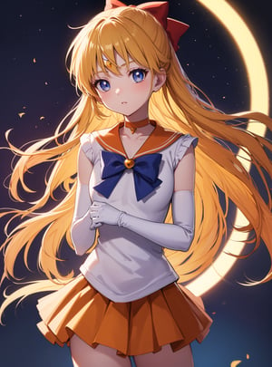 sailorvenus, lora:sailorvenus-lora-nochekaiser:1,sailor venus, blonde hair, blue eyes, bow, hair bow, half updo, long hair, red bow, tiara,BREAK back bow, choker, elbow gloves, gloves, jewelry, magical girl, orange choker, orange sailor collar, orange skirt, sailor collar, sailor senshi uniform, school uniform, serafuku, skirt, white gloves,BREAK outdoors, night, sky, star \(sky\), moon,BREAK looking at viewer, (cowboy shot:1.5),BREAK lyco:GoodHands-beta2:1, (masterpiece:1.2), best quality, high resolution, unity 8k wallpaper, (illustration:0.8), (beautiful detailed eyes:1.6), extremely detailed face, perfect lighting, extremely detailed CG, (perfect hands, perfect anatomy),