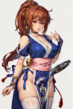 (masterpiece, best quality:1.3), lora:KasumiDOA:0.8,
KasumiDOA, 1girl, solo, long hair, breasts, brown hair, black hair, thighhighs, brown eyes, medium breasts, standing, ponytail, japanese clothes, choker, white thighhighs, pelvic curtain, arm guards
