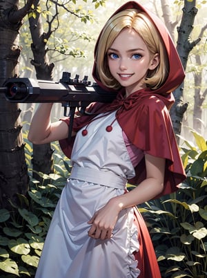 girl, blonde hair, blue eyes, hood, red dress, apron,capelet, looking at viewer, happy, evil grin, 
standing, holding a gun, aiming at viewer, outside, forest, autumn, natural lighting, extreme detail, masterpiece, lora:bbh:.8
