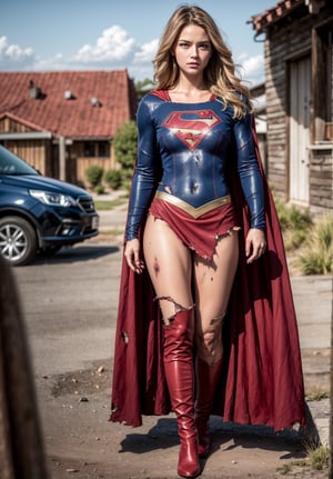 2girl, twin sisters, (full body:1.3),(long legs:1.3),red boots,8k,best quality,real picture,intricate details,ultra-detailed,ultra highres,depth field,(photorealistic,realistic:1.2),masterpiece,photo of european girl,supergirl,(Super girl suit:1.5),(huge breasts),cooler,sad,(bruise, dirty, torn clothes, revealing clothes:1.3),blue eyes,blonde hair,long hair,ripped cape,ripped pantyhose,superhero,solo,sun,blue sky,best quality,realistic,photorealistic,(intricate details:1.2),(delicate detailed),(cinematic light),clear line,sharp focus,realistic face,detailed face,unity 8k wallpaper,ultra high res,(photorealistic:1.4),looking at viewer,