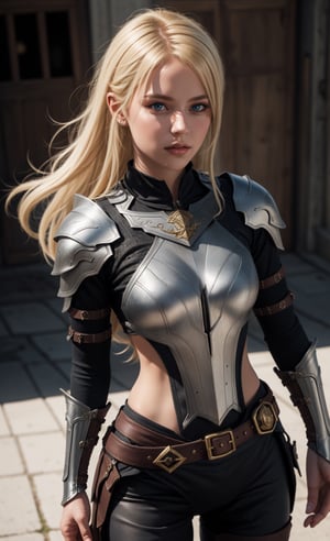 1girl, solo, realistic, looking at viewer, rogue, portrait , armor, long blonde hair, lora:Adventurers_v20:0.7
