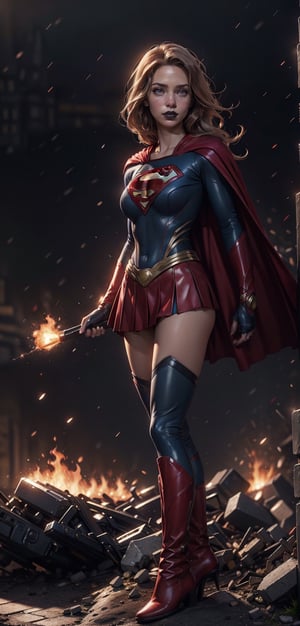 One super female,in superman outfit, mini skirts, red high boots, red_eyes, glowing eyes:1.4, blonde hair:1.3, extreme long hair, straight_hair, run down hair, supergirl suit, serious look, masterpiece, best quality, ultra detailed, (detailed background), perfect shading, high contrast, best illumination, extremely detailed, ray tracing, realistic lighting effects, neon noir illustration, perfect generated hands, ((full-body_portrait)), (black lipstick), black eyeliner, black eye shadow:1.3, pale skin:1.4, black fingernails, black cape, fur cape & long. Background fire-around, rocks, ruins, rain-fire, lightning in the distance.,wearing supergirl_cosplay_outfit