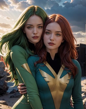 2girls, ((pictures of jean-grey) and (pictures of polaris)), looking at viewer, smiling, closing hug, cute pose, outside, blue sky, extreme detail, masterpiece, beautiful quality, hug, Polaris,jean-grey
